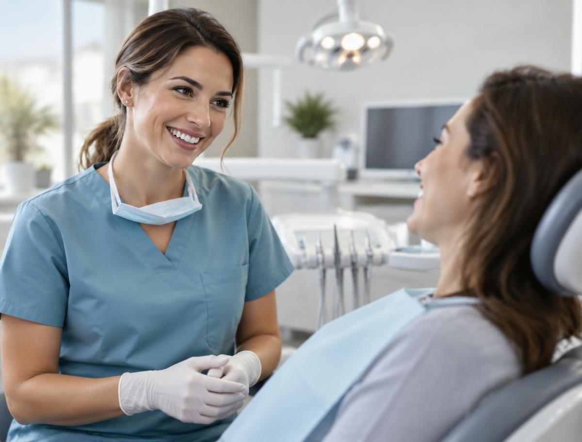 A dentist talking warmly with a patient seated in a dental chair